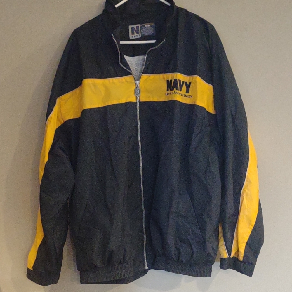 Navy Let The Journey Begin Men's X large Full Zip Black/Yellow Nylon Windbreaker